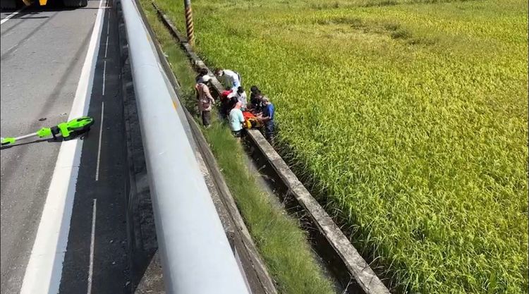 婦人機車倒在橋上，人卻掉落到邊坡橋下的稻田中。翻攝畫面