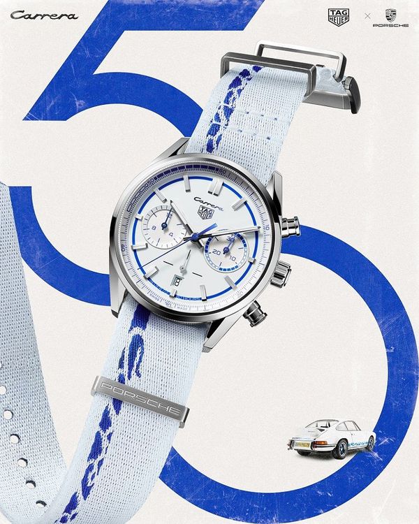 TAG Heuer x Porsche 911 Carrera RS 2.7限量計時腕錶精鋼藍色款，限量500只，售價25萬4100元。業者提供