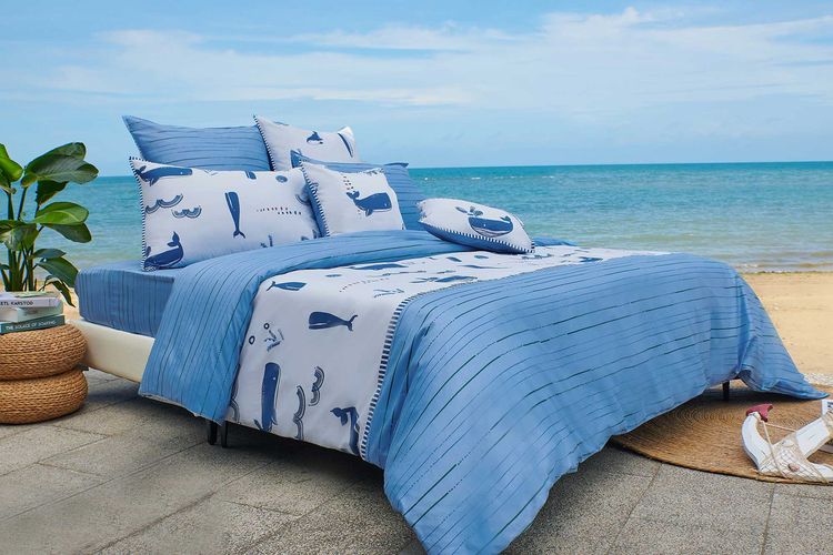 鯨魚之歌100%高紗支長纖細棉印花兩用被床包組(雙人)，原價1萬5960元，特價7980元，東妮寢飾。業者提供