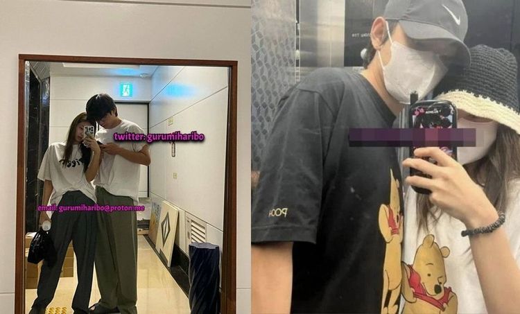 Jennie（左圖）被外流在V家門前貼身自拍、2人穿情侶裝的合照。翻攝推特