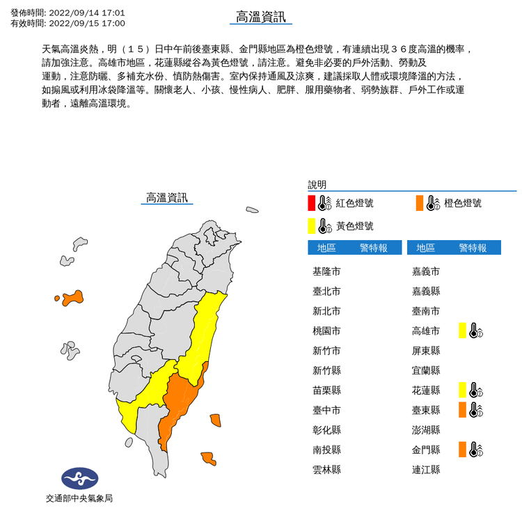 明各地高溫約32-34°C，部分地區留意36°C高溫。氣象局提供