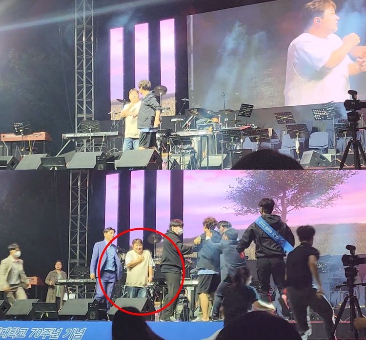 許閣驚嚇過度，一直用手扶著胸口。翻攝YouTube