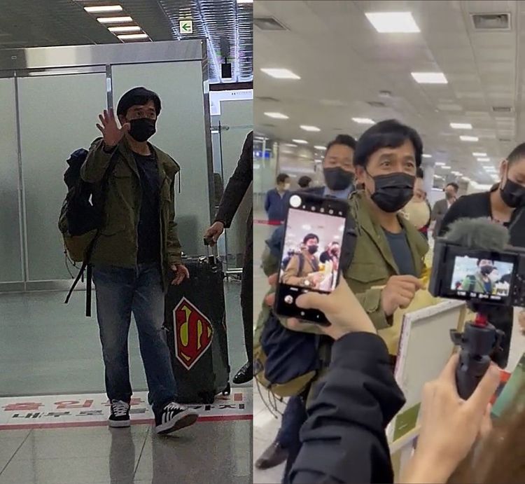 梁朝偉昨抵達釜山金海機場，吸引大批粉絲接機。翻攝推特