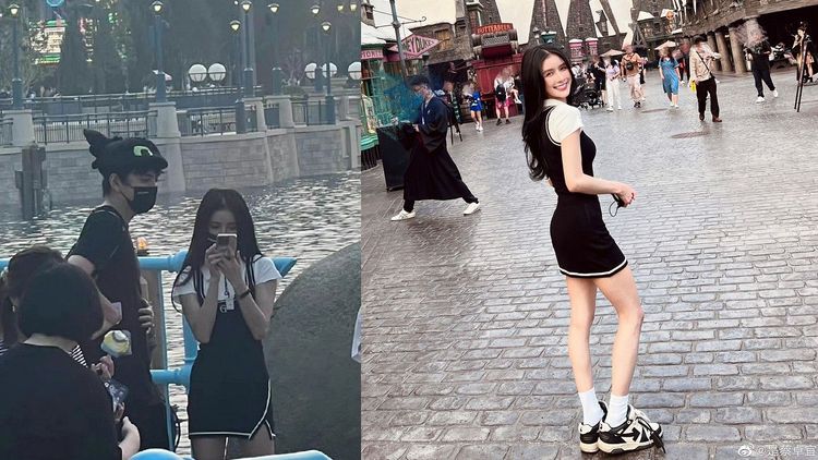 本月13日多名網友在北京環球影城目擊王大陸和蔡卓宜（左圖／翻攝綜藝科代表微博）， 蔡卓宜昨PO出觀光美照（右圖／翻攝蔡卓宜微博），衣著與網友目擊相同。