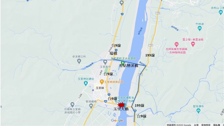 玉里大橋受地震影響無法通行，公路總局四工處公佈替代路線，請用路人注意。公路總局提供