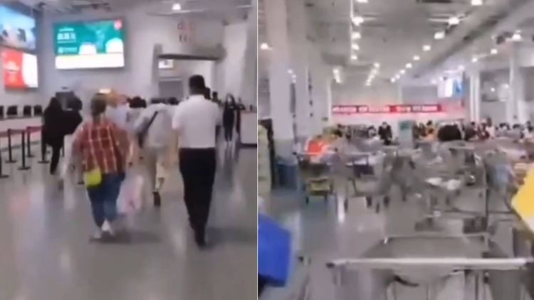 有网友指上海好市多民众又担心被封控，丢下推车往出口奔逃，场面混乱。引自推特@fangshimin