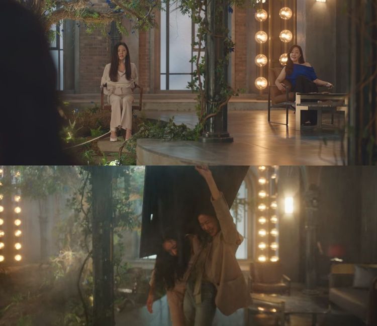 秋瓷炫被嚴志媛（上圖右）綁架到蘭花密室，金高銀不顧鹽酸噴下，奮力解救秋瓷炫。翻攝Netflix