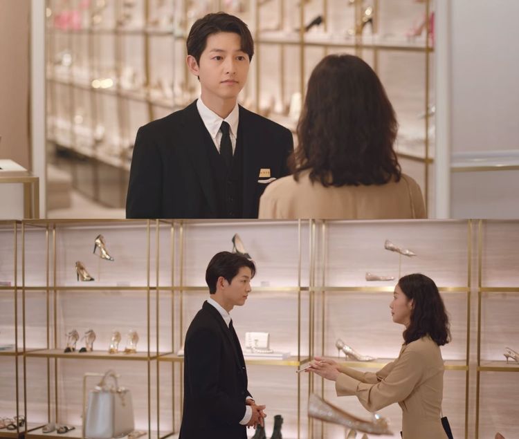 宋仲基以《黑道律師文森佐》劇中的名字，客串《小女子》當鞋店店員，替金高銀解答。翻攝Netflix