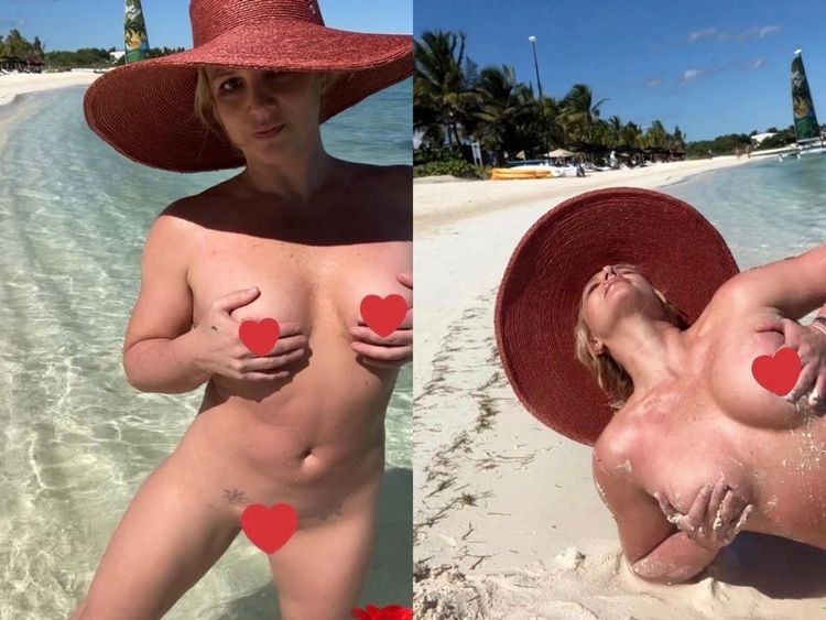 布蘭妮在IG分享裸照，僅用愛心和玫瑰圖示遮重要部位。翻攝自布蘭妮IG