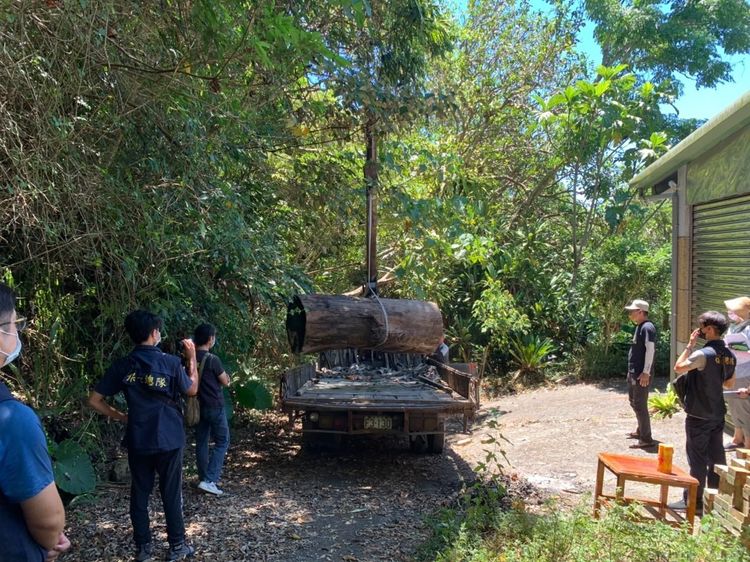 查緝人員將查扣的漂流木吊上車。讀者提供