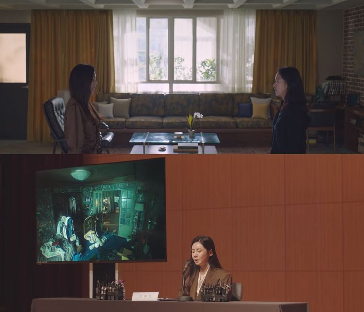 秋瓷炫（上圖左）向金高銀解釋新加坡的經過，並開記者會揭穿嚴志媛下手殺人的真面目。翻攝Netflix