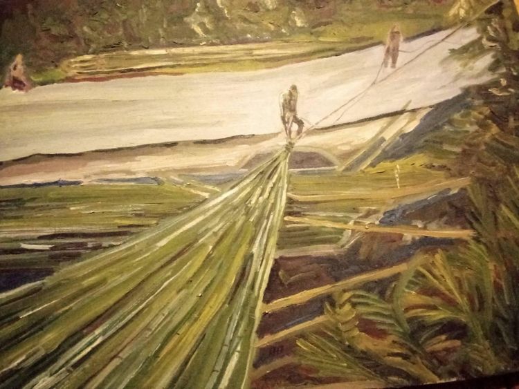 林世偉畫下拉竹子的父母辛苦身影。林世偉提供