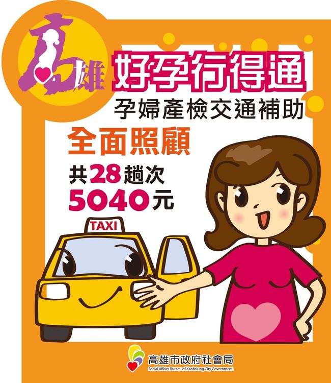 下月起，高雄孕婦可享孕期補助14次產檢28趟次計程車車資5,040元。高市府提供