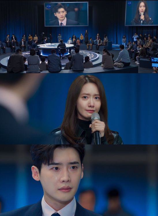 潤娥在電視辯論現場揭穿敵營候選人的真面目，淚揭自己的病情，虐哭李鍾碩。翻攝Disney+