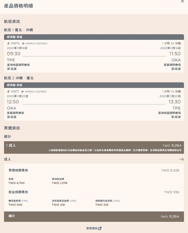 《壹蘋》試算，11/16去、11/20回，五天四夜搭配折扣碼，確實只要9264元。翻攝星宇航空官網