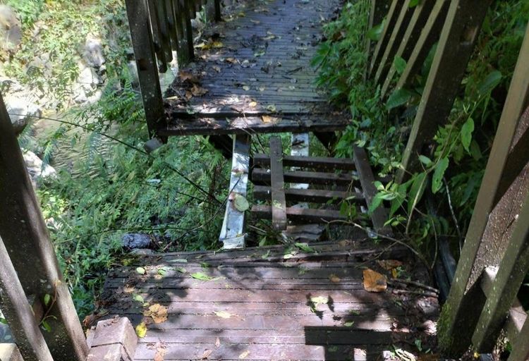 老鷹溪步道先前因連日降雨，造成多處邊坡土石崩落而損毀步道設施，如今已修復完畢。資料畫面