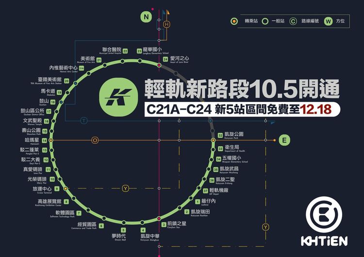 高雄輕軌今下午新開通C21A-C24五站，營運路線即將成圓。翻攝自臉書高雄點