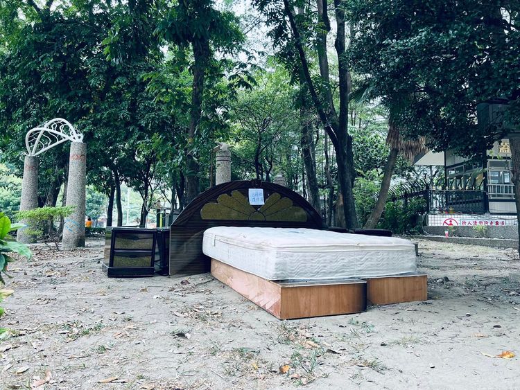 高雄公園內出現整組床組，床墊還疑是獨立筒床墊，被網友稱是最近公園的住房案。翻攝自臉書路上觀察學院