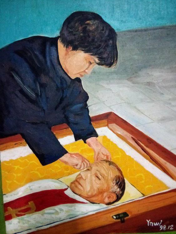 林世偉說，他的藝術啟蒙老師是法國籍神父金若望，他也畫下神父梳化告別世界的一幕。林世偉提供