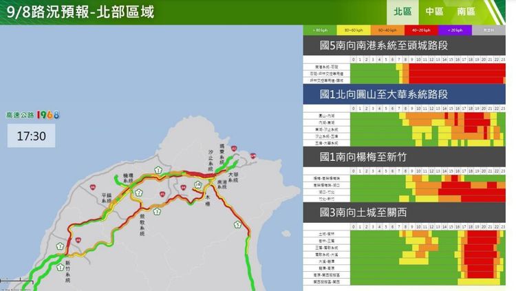 中秋連假前一天北部地雷路段與時間。高公局提供