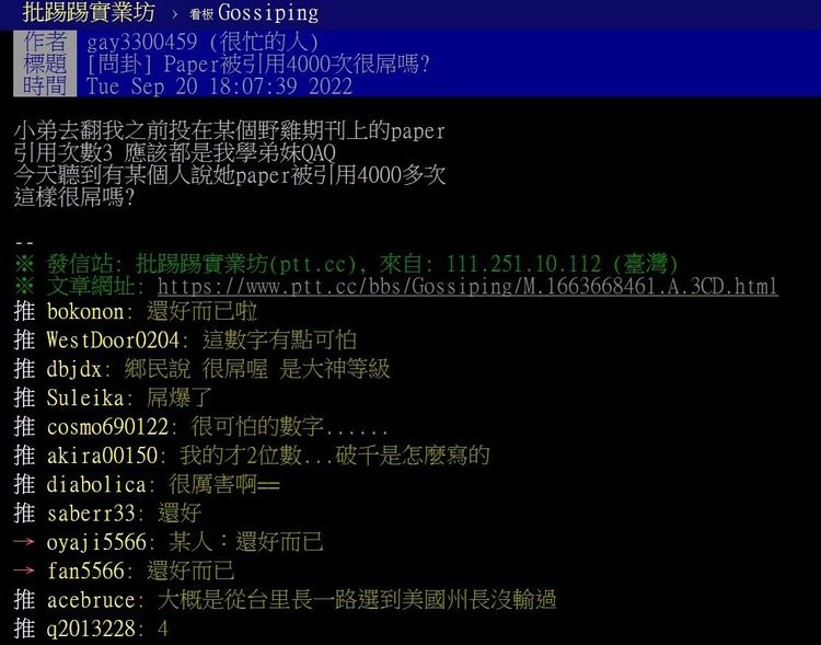 鄉民好奇論文被引用4000多次很猛嗎？翻攝PTT