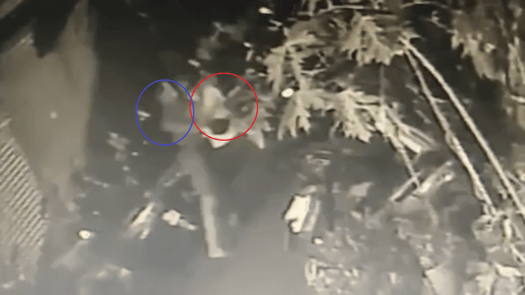 黃姓男子(藍圈處)與翁姓警員(紅圈處)發生拉扯推擠。三重警分局提供