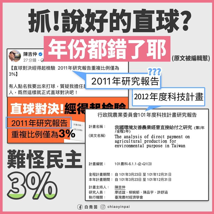 白喬茵酸陳吉仲自發澄清文，連研究報告年份都搞錯。翻攝自白喬茵臉書