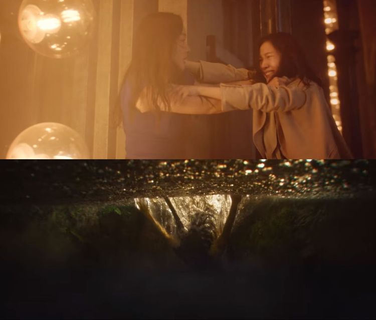 嚴志媛（上圖左）與金高銀一陣扭打，被推進充滿鹽酸的水池身亡。翻攝Netflix