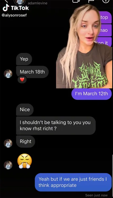 Alyson Rosef也效法Sumner在抖音分享與亞當的私訊。翻攝alysonrosef TikTok