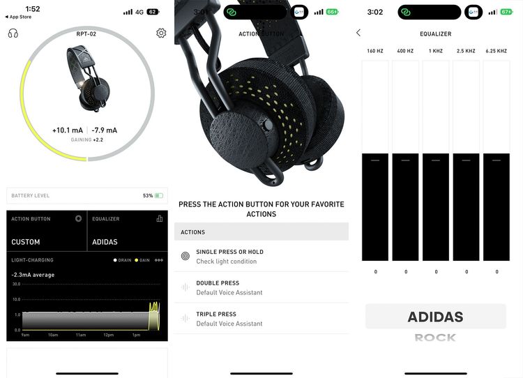 app 控制介面，左為主介面光能充電顯示、中為功能按鍵調整、右為等化器。螢幕截圖