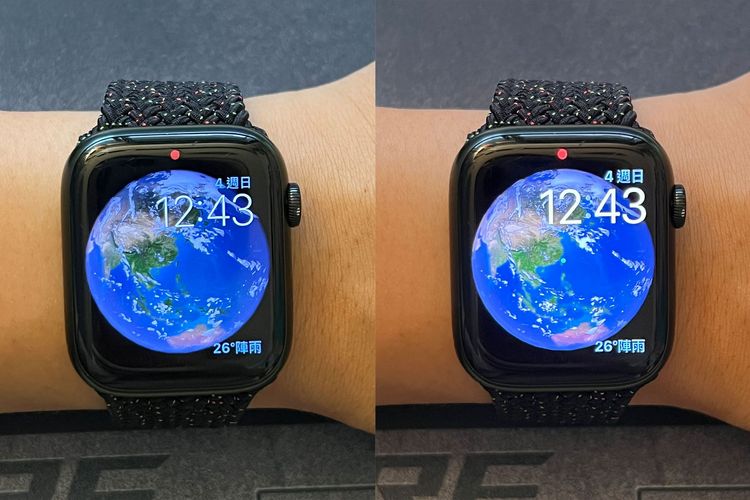 Apple Watch S7 的永遠顯示功能（左），對比一般畫面主要將亮度調亮。黃子倫攝
