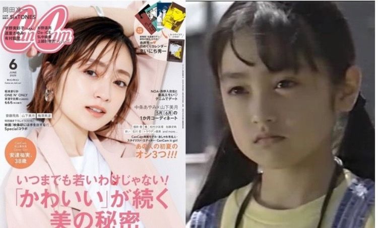 安達祐實（左圖，翻攝cinamatoday）38歲時登上流行雜誌《CanCam》封面，雖是該刊最老封面人物，但外貌和12歲時差異不大。合成照片