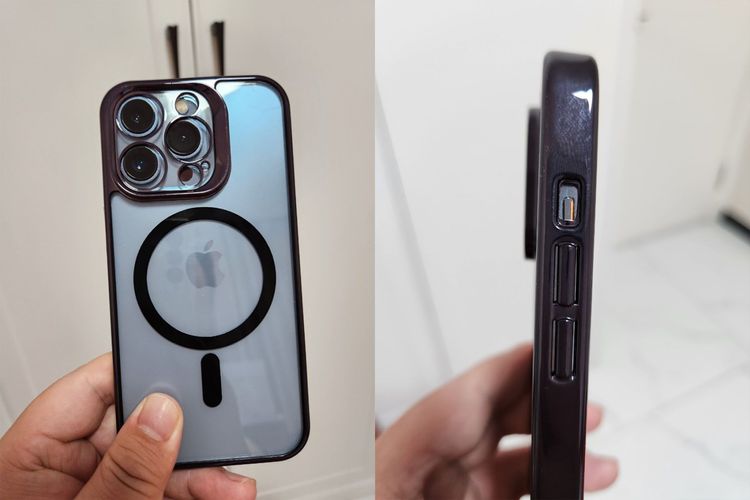 iPhone 14 Pro 保護殼放在 iPhone 13 Pro 上，可見相近機身尺寸下，鏡頭體積變大，機身邊框左側的音量開關和調整按鍵也略為升高。取自 Naver