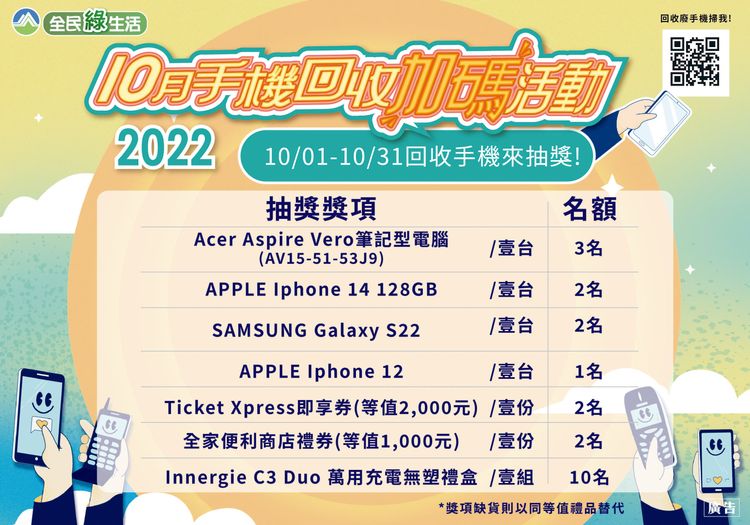 回收舊手機，有機會獲得筆電及新手機。屏東縣環保局提供