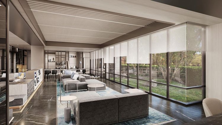 「新潤麗蒔」訴求30米坐擁A10捷運核心的精工美宅，標榜北市豪宅規格、五星防疫建築，圖為交誼廳3D示意圖。翻攝新潤麗蒔官網