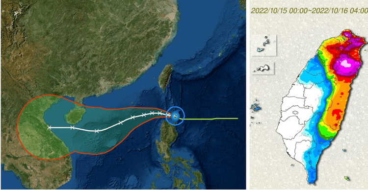 左圖：中央氣象局16日2時「路徑潛勢預測圖」顯示，「輕颱尼莎」進入巴士海峽，在通過後、將轉西南西進入南海。  右圖：昨(15)日至今(16日)晨4：20最大累積雨量前3依序為擎天崗的663毫米、翠峯湖511毫米、陽明山501毫米。