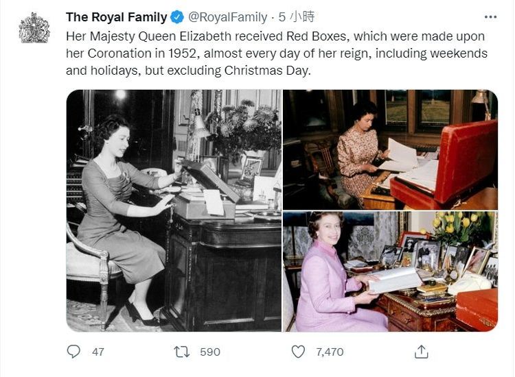 白金漢宮公布已故女王與紅箱的合照。翻攝英國王室推特@RoyalFamily