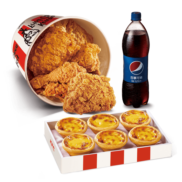 鐵粉最愛經典口味「咔啦連假歡聚餐」咔啦脆雞x6+原味蛋撻x6+百事可樂(瓶)x1。業者提供