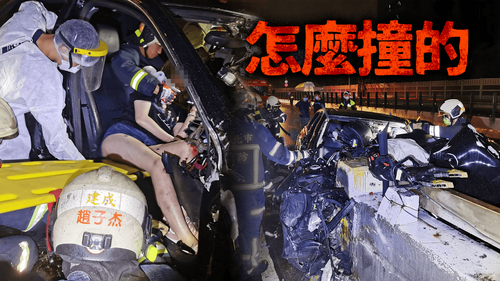 天雨路滑!北市建國高架賓士衝撞匝道石墩 年輕男女受困1重傷1命危