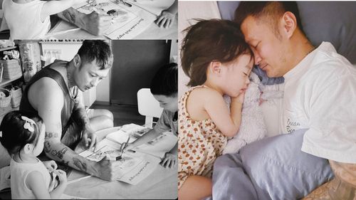 余文樂穿吊嘎陪兒女畫畫 感情好到老婆都吃醋了