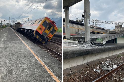 6.8強震｜花蓮東里站月台雨棚垮下擠壓火車6車廂傾斜　旅客20人安全