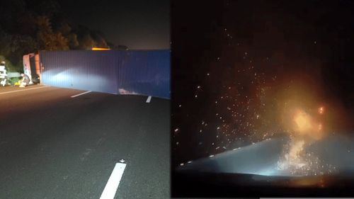 貨櫃車國道遭追撞　側翻滑行火花噴濺畫面曝光