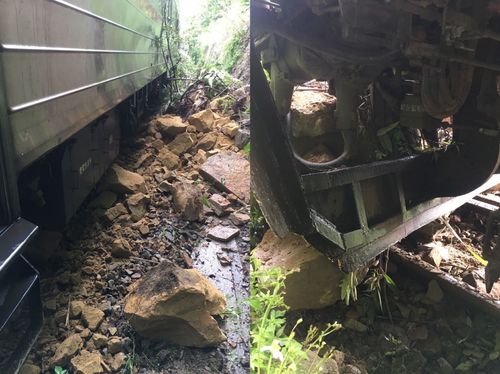 邊坡石頭再降肉!台鐵平溪線二度落石砸軌 載客區間車撞上照片曝光