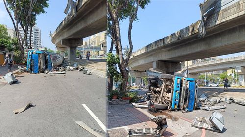 高雄水泥車衝破高架橋墜地 驚悚影片曝光!駕駛壓車底慘死