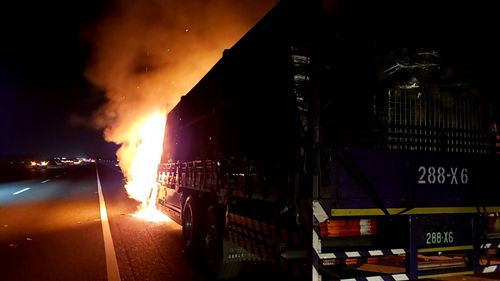 國道1下營段火燒車 滿車文旦撒落車道全毀