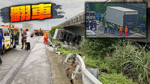 國1北上林口交流道前2車事故 大貨車翻邊坡回堵16公里