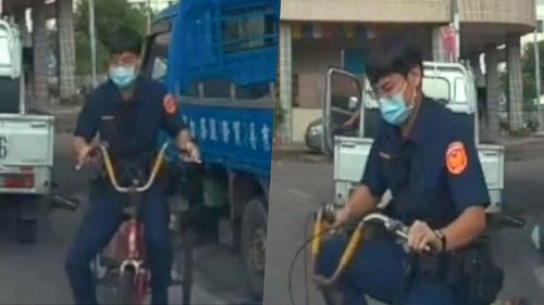制服警跨上三輪車　大街踩踏秒變警車！鄉親都說讚　