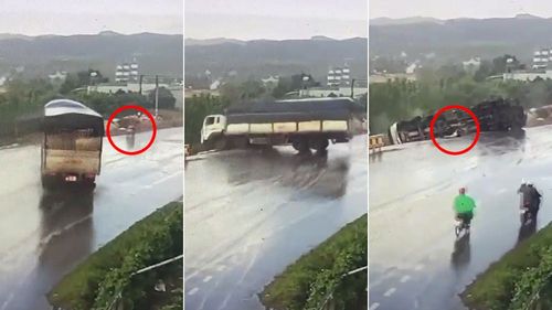 影片|雨天「死神货车」甩尾而来 对向机车2女被扫飞压死